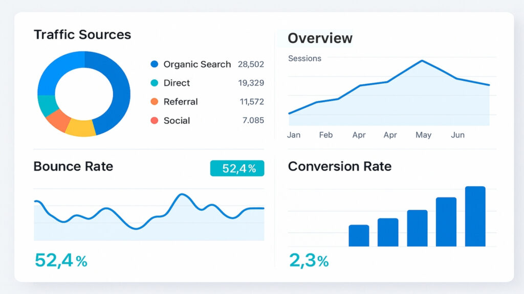 Analytics dashboard example showing website performance metrics like traffic sources and conversions.