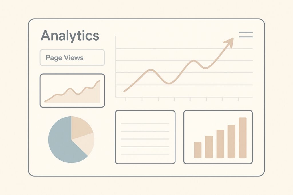 Analytics dashboard illustration showing page views, engagement metrics, and growth trends.
