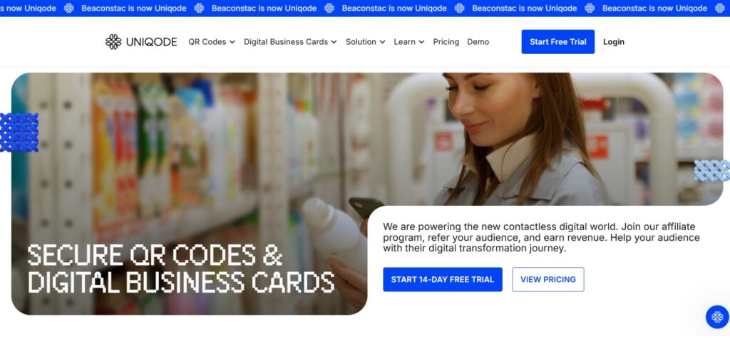 Uniqode (formerly Beaconstac) homepage promoting secure QR codes and digital business cards with free trial and pricing options.