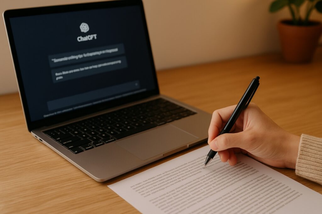 Blogger editing content by hand while reviewing AI-generated suggestions on laptop.