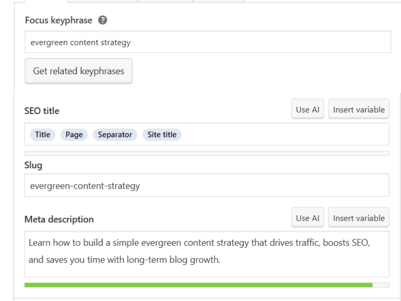 Blogger optimizing a post with SEO title, keywords, and meta description