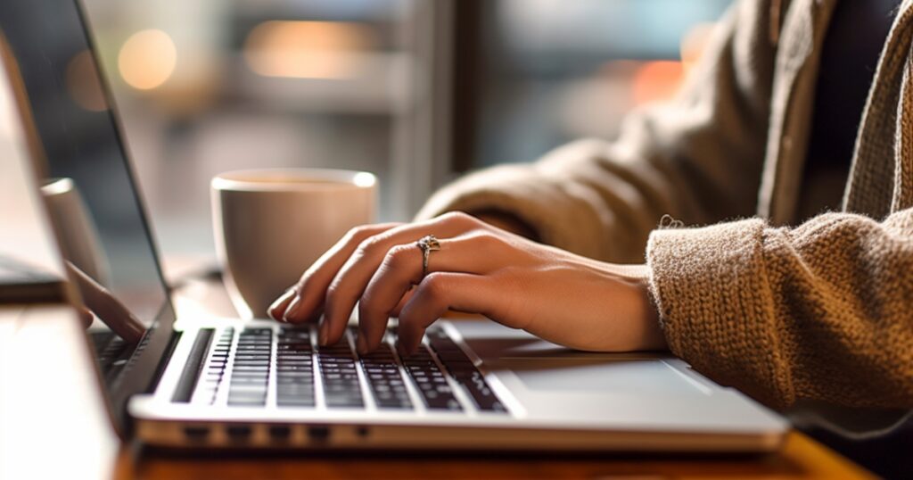 woman in a sweater typing on a laptop researching how to start a fashion blog