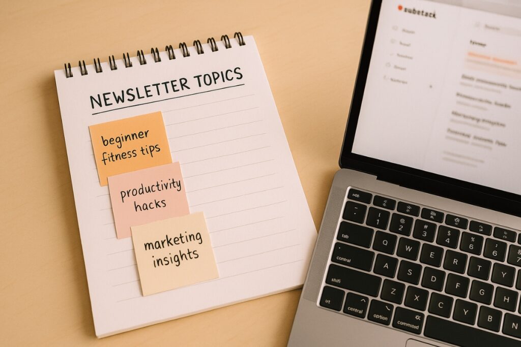 Brainstorming notes and laptop hinting at Substack dashboard while choosing a niche.