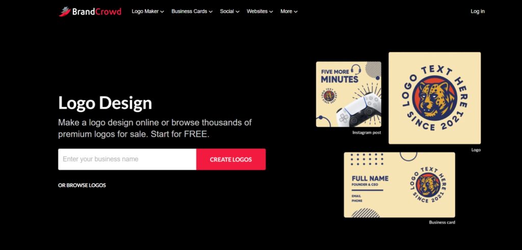 BrandCrowd homepage showing logo design tool with examples of business card and social media templates.