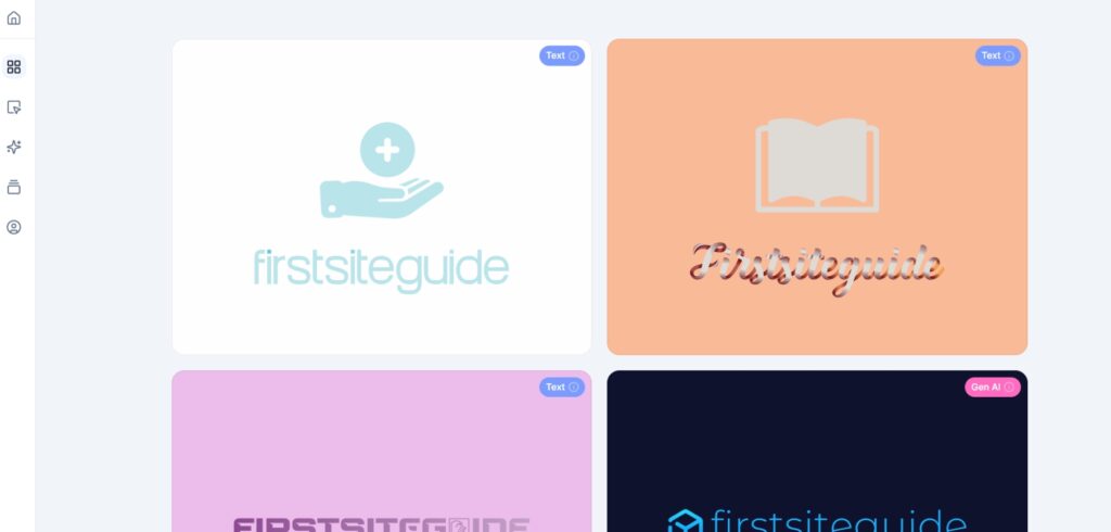 Screenshot of Brandmark.io AI logo generator interface displaying multiple logo variations for the name Firstsiteguide, including modern icons, text-based styles, and color options for easy customization.