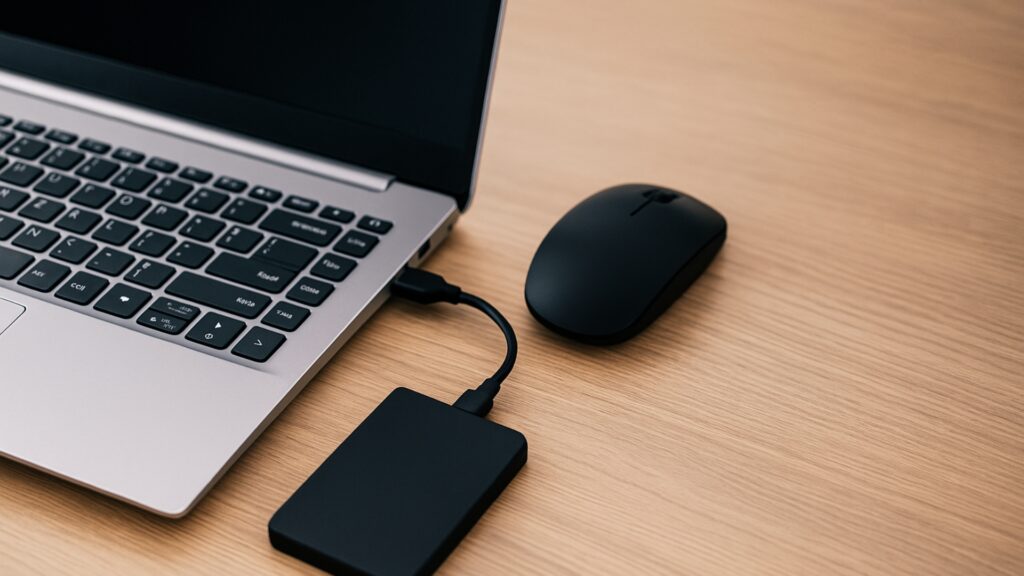Budget-friendly laptop with external SSD and wireless accessories for entrepreneurs.
