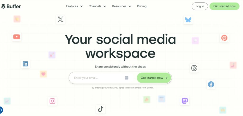 Buffer homepage showcasing its tagline ‘Your social media workspace’ with icons of popular platforms like Instagram, TikTok, LinkedIn, and Facebook.