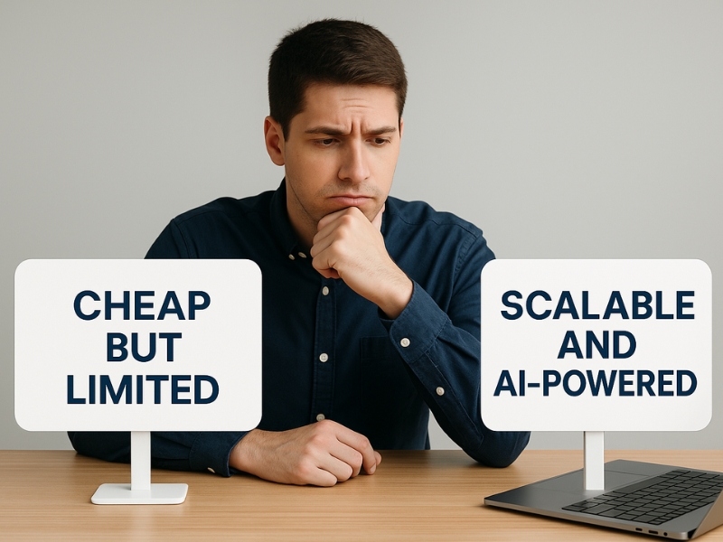 Business owner comparing limited email tools versus advanced scalable platforms when choosing software.