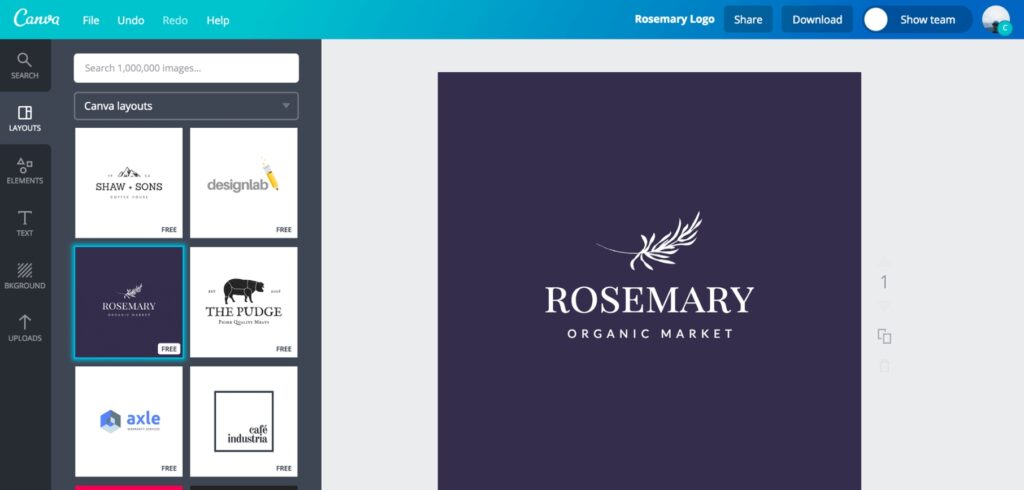 Screenshot of Canva’s logo editor interface showing AI logo generator templates, with the selected design ‘Rosemary Organic Market’ displayed in the workspace and multiple free logo layout options listed on the left panel.
