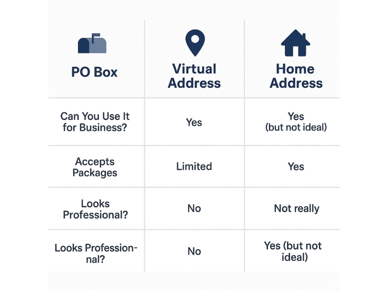 Chart comparing PO Box, home address, and virtual business address features