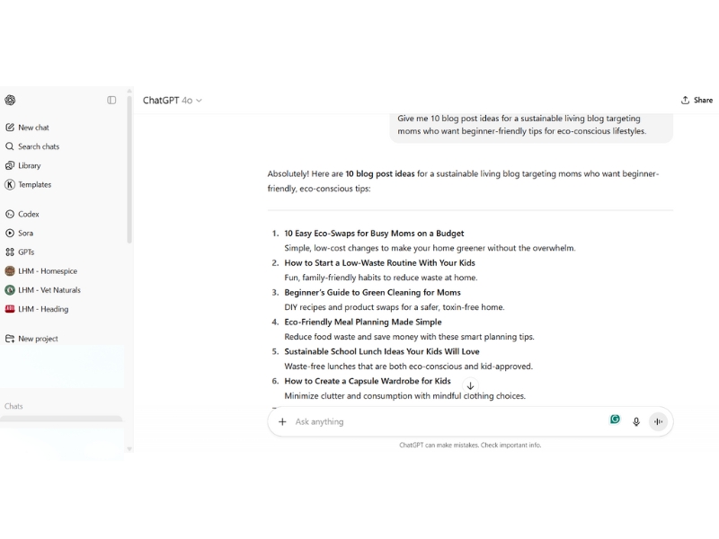 ChatGPT screen showing personalized blog post ideas generated from a specific prompt about sustainable living for moms.