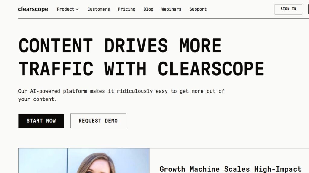 Clearscope homepage promoting its AI-powered content optimization platform to drive more traffic and improve SEO results.