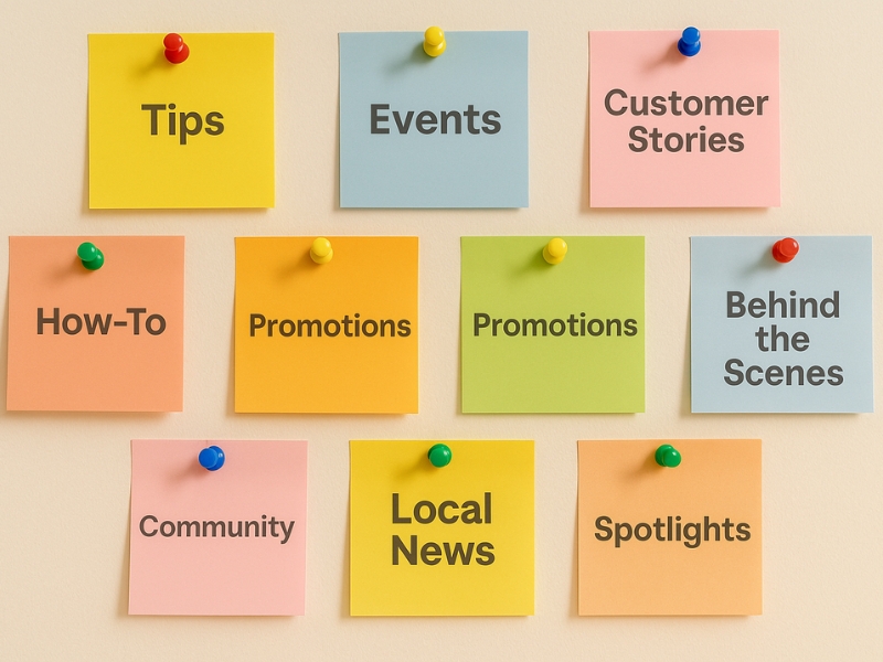 Color-coded sticky notes showing content themes like tips, events, and customer stories for building a local business content calendar.