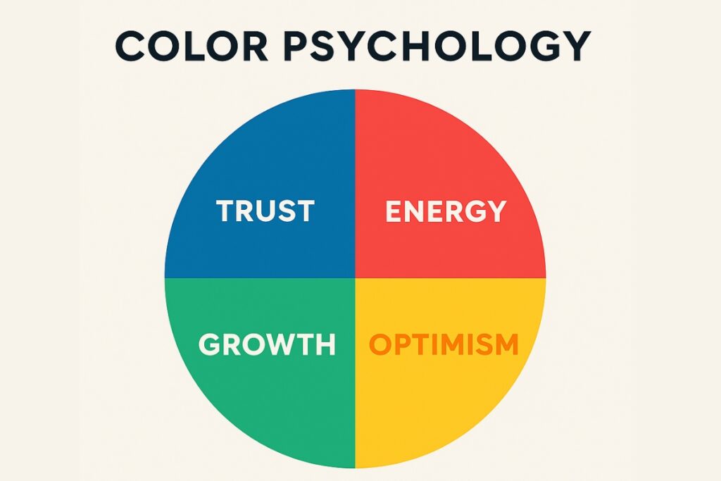 Color psychology wheel showing emotions tied to blue, red, green, and yellow.