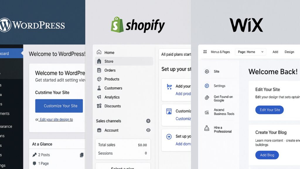 Comparing website builders: WordPress, Shopify, and Wix interfaces