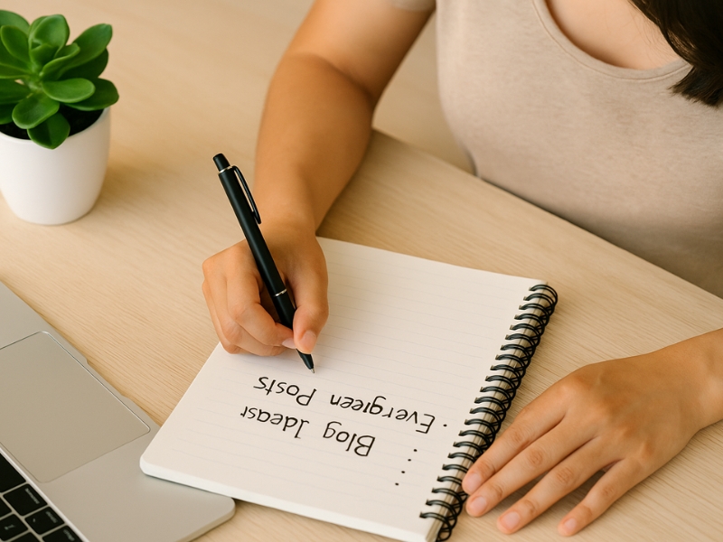 Content creator jotting down blog ideas for evergreen posts