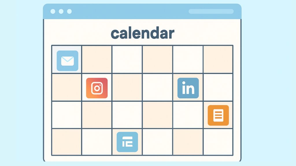 Content distribution calendar with automated posts scheduled across email and social media platforms.