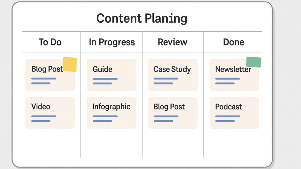 Content planning board with tasks organized into priority levels for blog and funnel improvements.