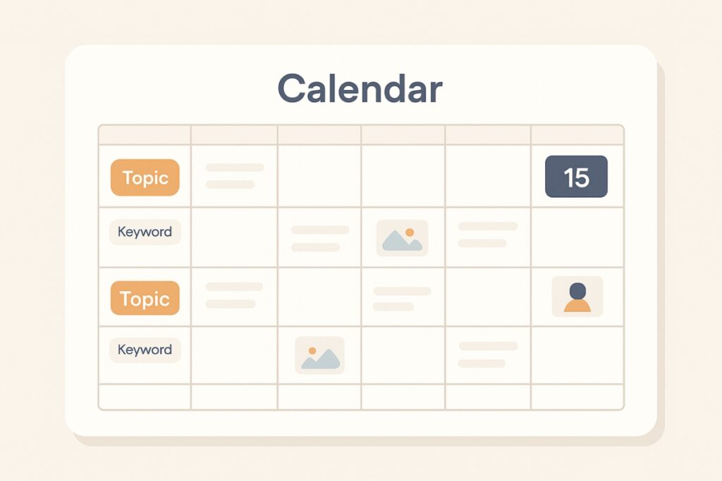 Content planning calendar with monthly layout showing topics, keywords, publishing dates, visual notes, and team assignments.