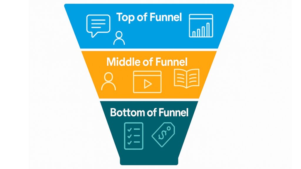 Customer journey illustration showing top, middle, and bottom of funnel content examples.