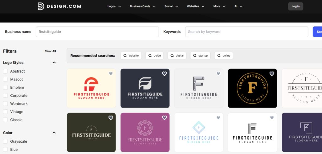 Screenshot of Design.com logo maker interface showing AI-generated logo options for the business name ‘FirstSiteGuide,’ with filters for logo styles and colors on the left and multiple modern logo designs displayed in a grid.