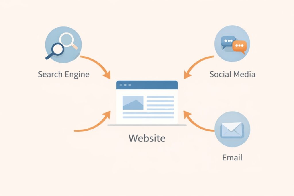 Diagram illustrating visibility and traffic sources in digital marketing, including search engines, social media, and website visitors