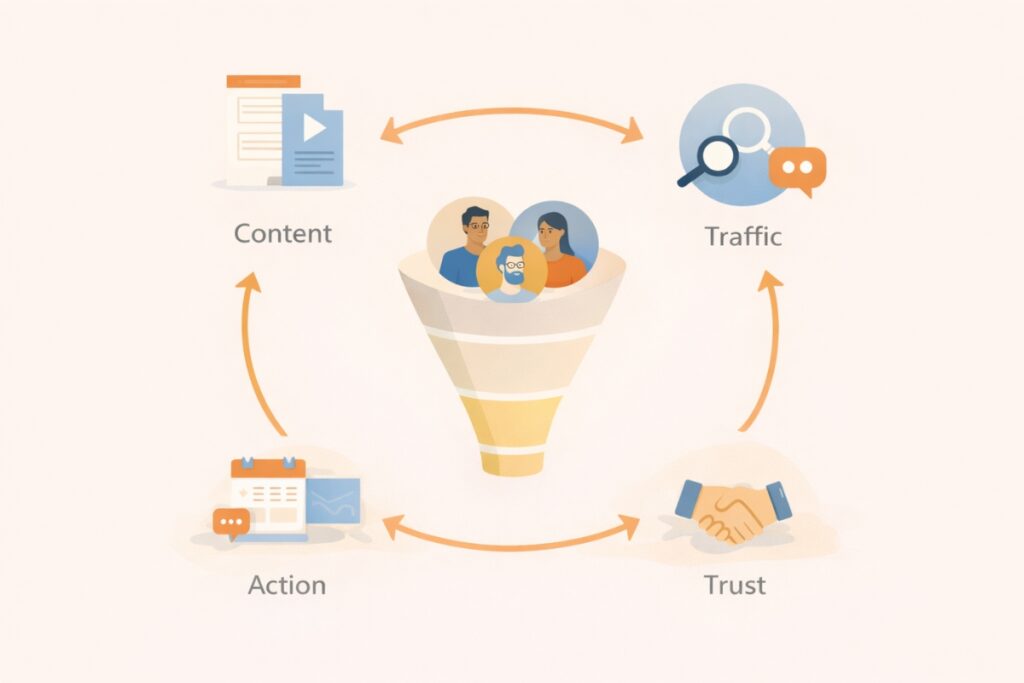 Diagram showing how digital marketing terms work together from content to traffic, leads, trust, and action