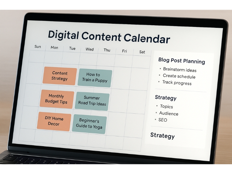 Digital content calendar showing blog post planning and strategy
