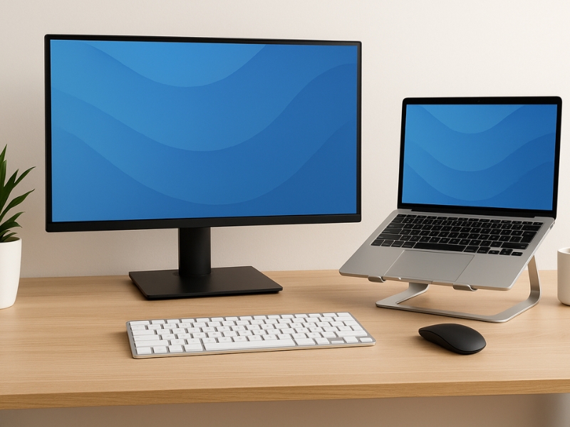 Dual screen workstation with laptop stand and external keyboard