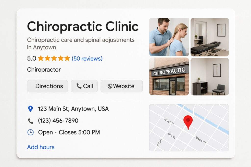 Example of a complete Google Business Profile for a chiropractic clinic with photos, reviews, and hours.