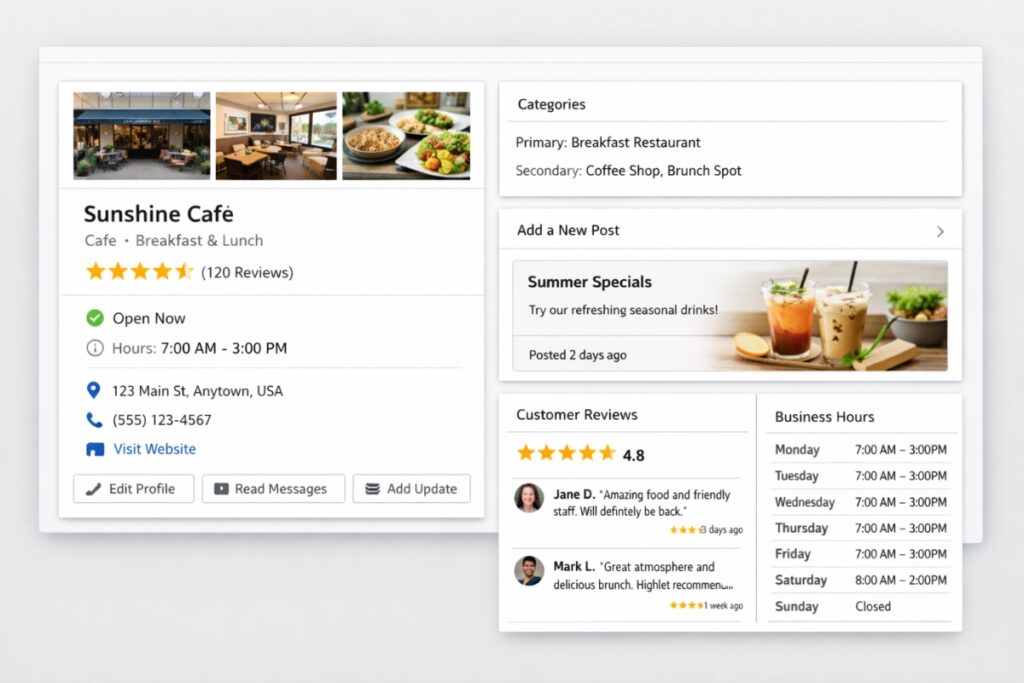 Example of an optimized Google Business Profile with photos, posts, and business details