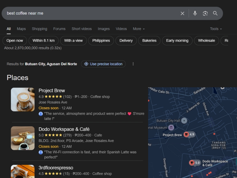Example of Google Local Pack results for “Best coffee near me.”