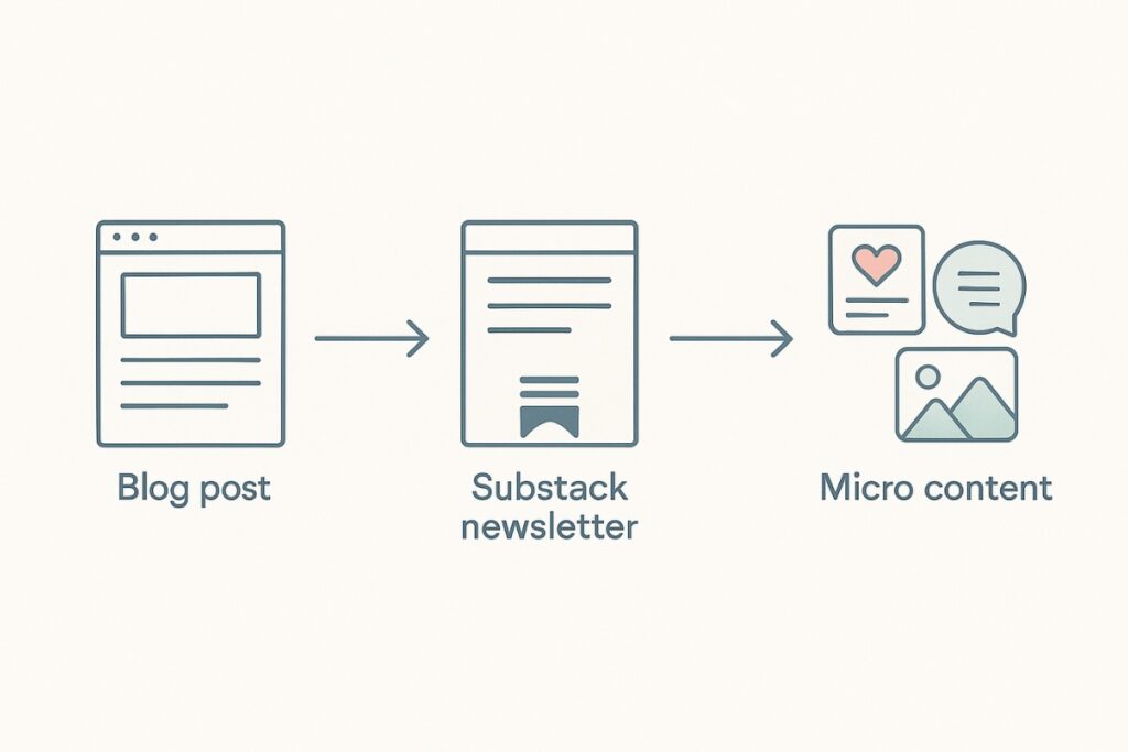 Flowchart showing content repurposing from blog post to Substack to micro content.