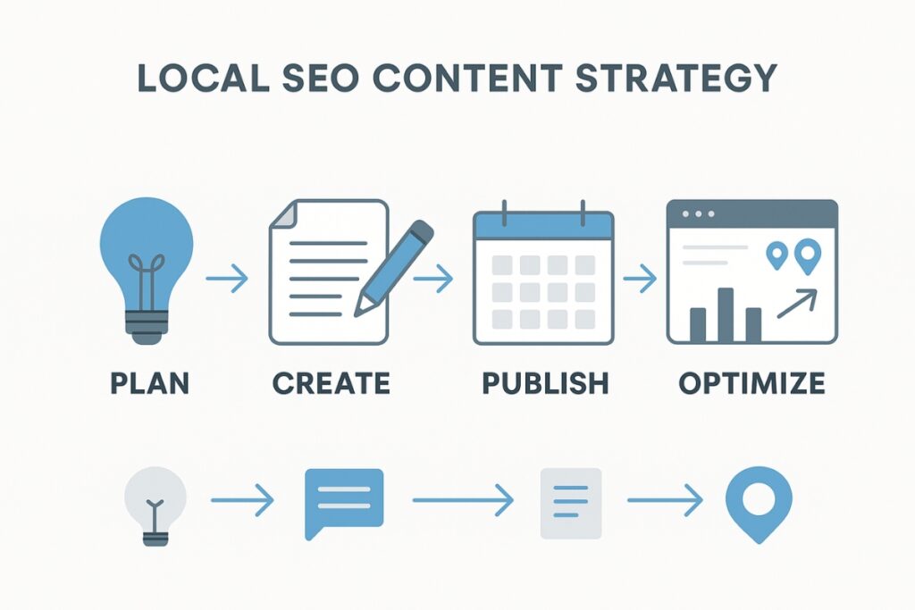 Four-step workflow infographic showing how to plan, create, publish, and optimize local SEO content.