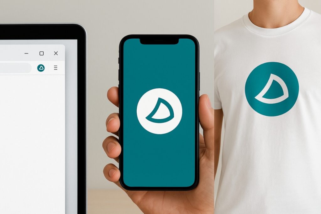 Future-proof logo design shown as favicon, app icon, and print on merchandise.