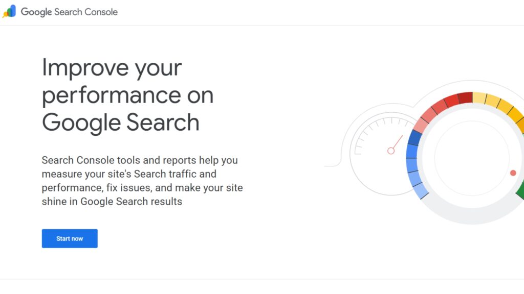 Google Search Console homepage showing tools to monitor search traffic, fix indexing issues, and improve website performance in Google Search