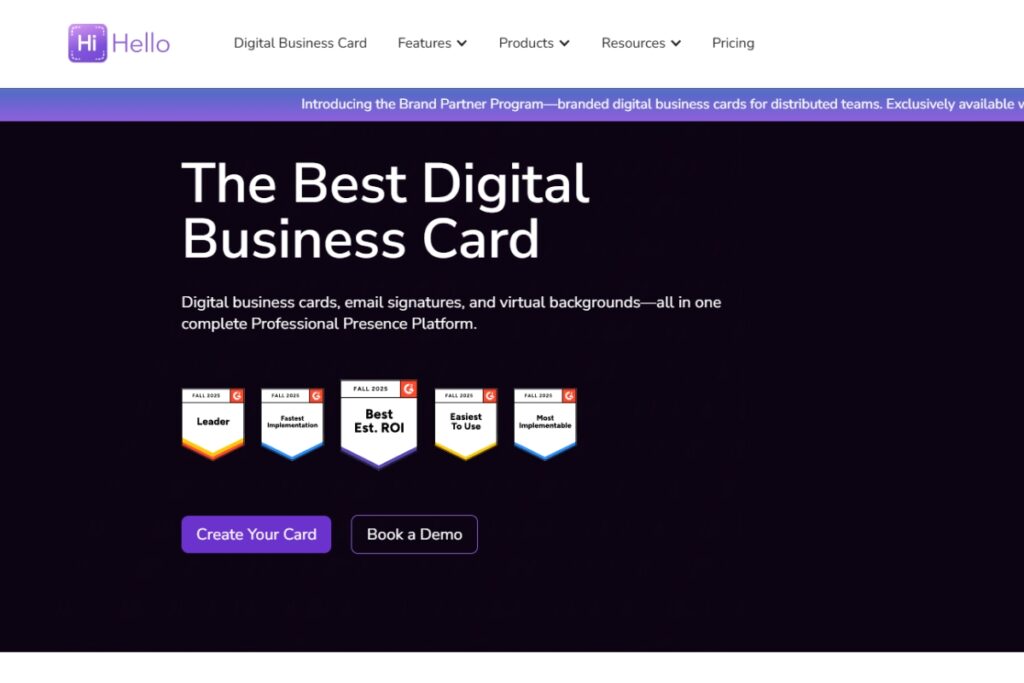 HiHello homepage promoting digital business cards with awards for best ROI, ease of use, and quick implementation.