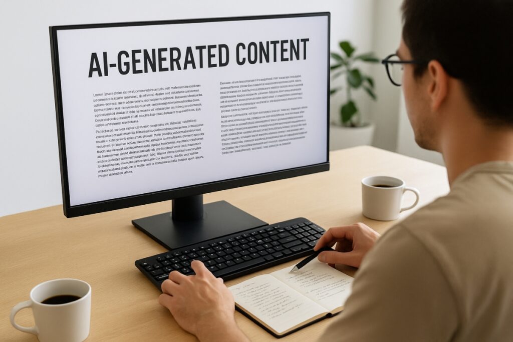 Human content editor reviewing AI-generated article