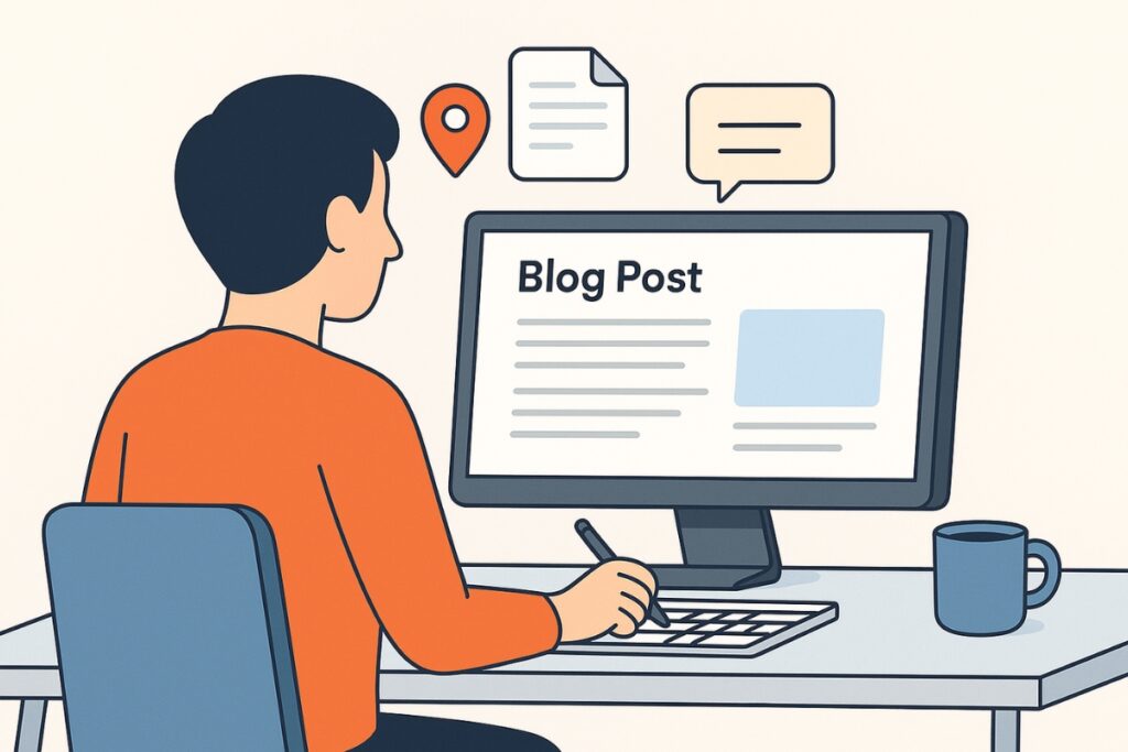 Illustration of a blogger creating local content at a desk with floating icons of location pins, blog articles, and chat bubbles.
