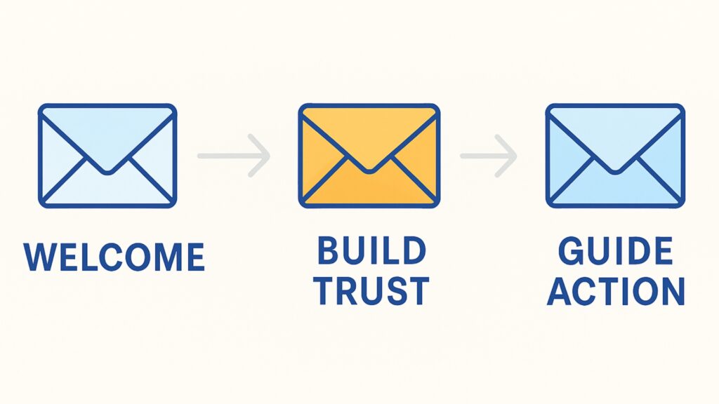 Illustration of an automated welcome email sequence guiding new subscribers toward conversion.