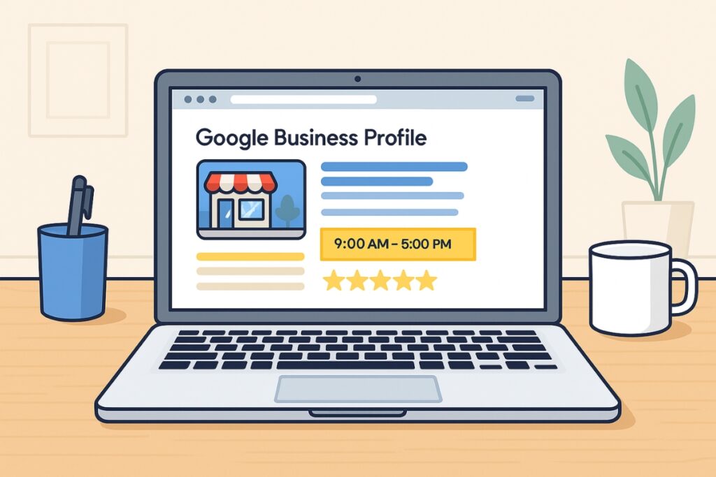 Illustration of an optimized Google Business Profile on a laptop screen with photos, business hours, and star reviews highlighted.