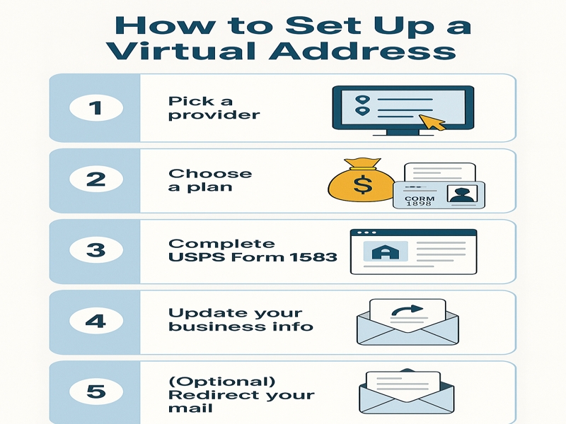 Infographic showing steps to set up a virtual business address