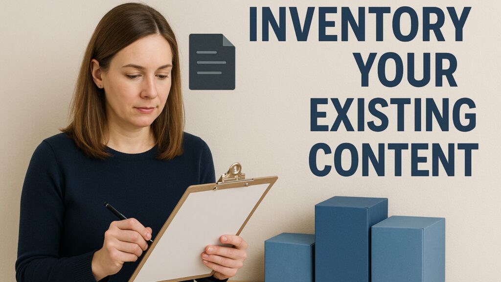 Professional woman holding a clipboard with a blank sheet of paper, standing beside blue storage boxes and bold text “Inventory Your Existing Content.” Perfect visual for content marketing, SEO audits, and blog content inventory strategy.