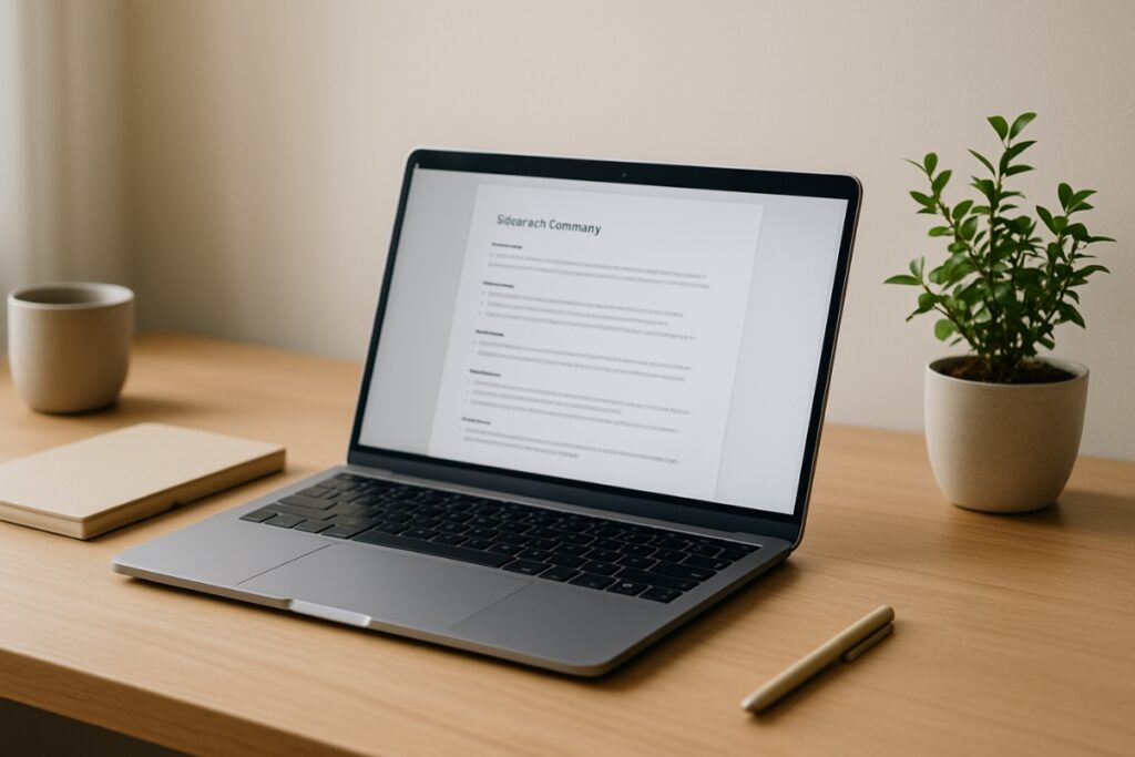 Laptop screen showing organized research notes, representing Perplexity's role in gathering topic insights before writing.