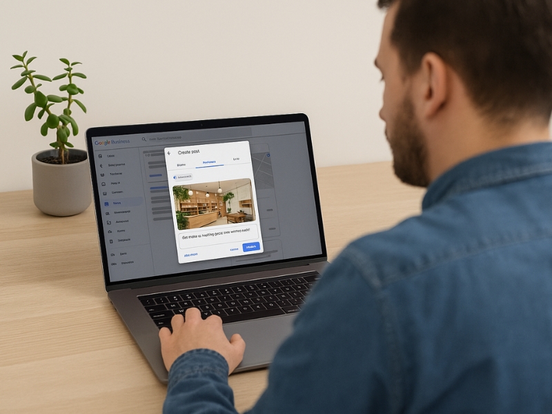 Local business owner creating a post update on Google Business Profile dashboard.
