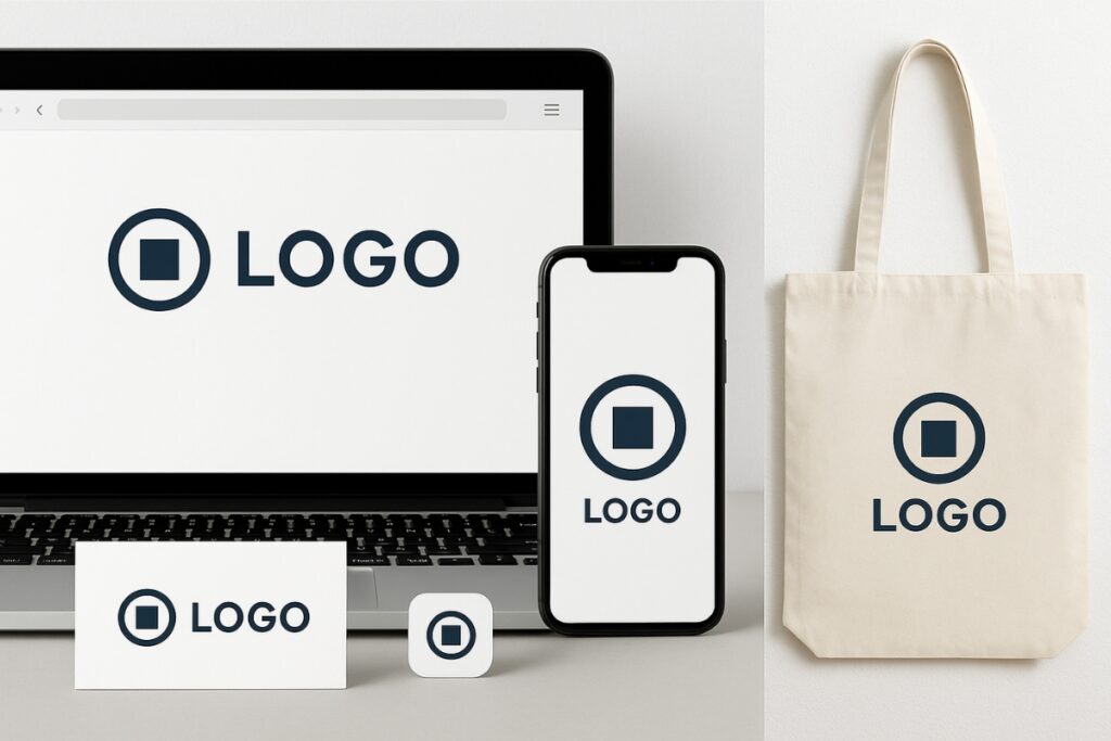 Logo variations displayed on business cards, website mockups, and social media icons.