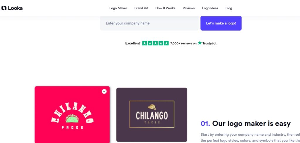 Screenshot of Looka’s AI logo generator interface showing taco shop logo examples, with an input field for entering a company name and a call-to-action button to start creating logos.