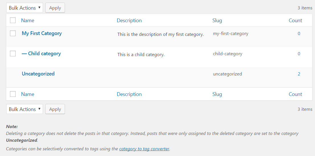 Manage WordPress categories