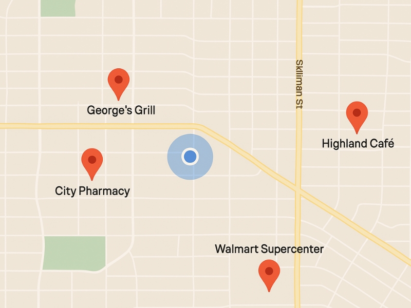 Map with several businesses pinned, showing proximity to a user location.