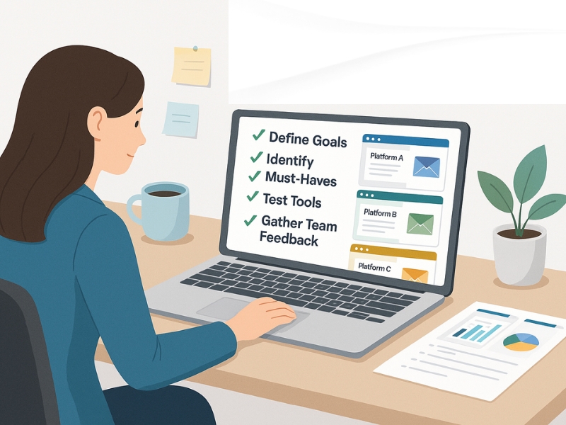 Marketer comparing different email marketing platforms on a laptop to find the best fit.